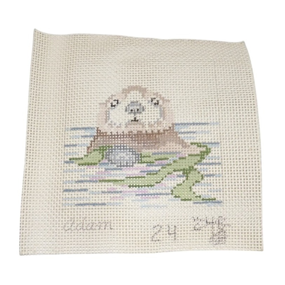 Handmade Sea Otter Needlepoint Fiber Art Signed Adam Blue Green Brown Square